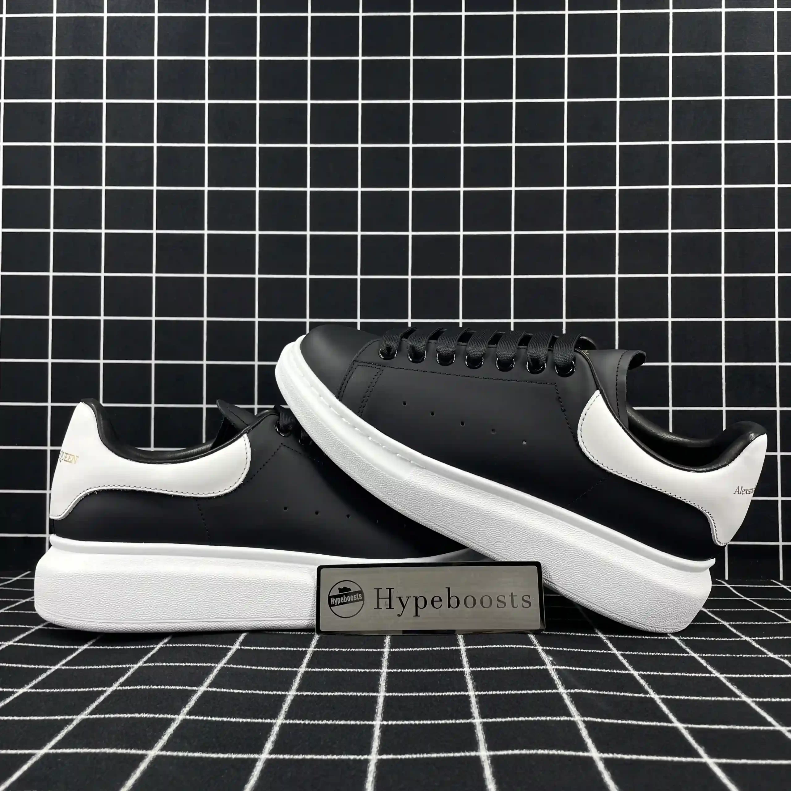 Alexander McQueen Oversized Sneaker Black Smooth Calf Leather with White Leather Heel Replica