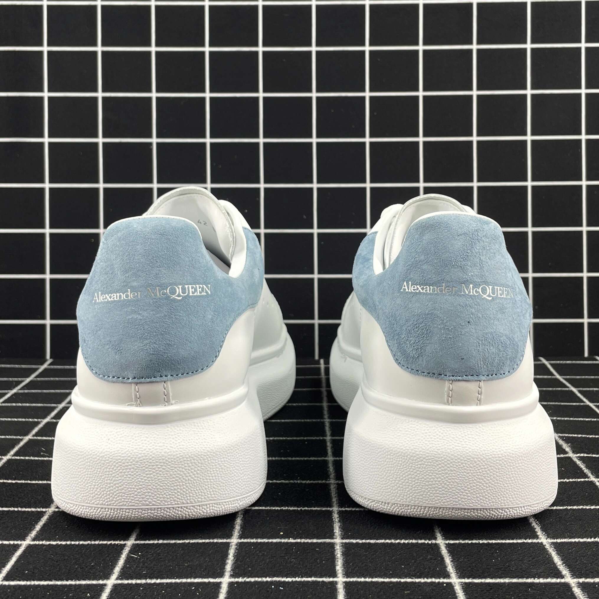 Alexander McQueen Oversized Sneaker White Smooth Calf Leather with Dream Blue Suede Heel Replica