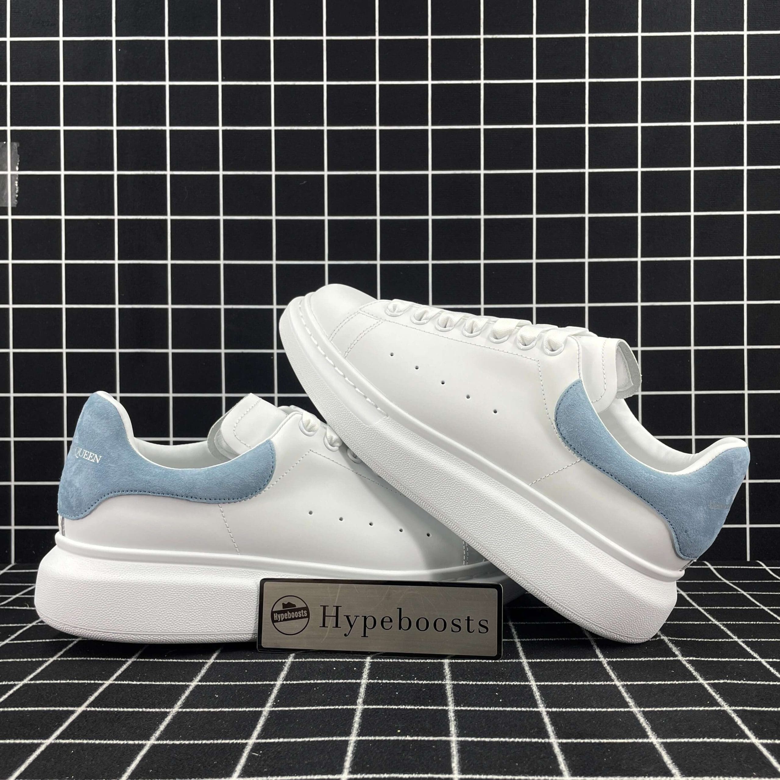Alexander McQueen Oversized Sneaker White Smooth Calf Leather with Dream Blue Suede Heel Replica