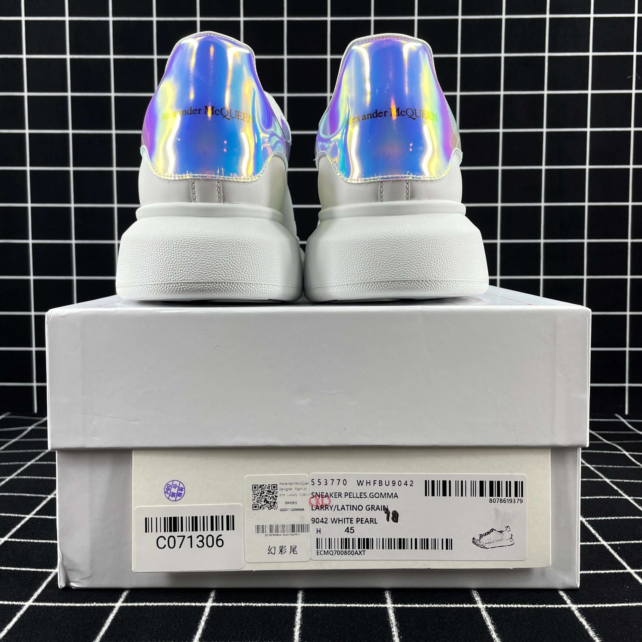 Alexander McQueen Oversized Sneaker White Smooth Calf Leather with Pearlescent Shock Pink Heel Replica