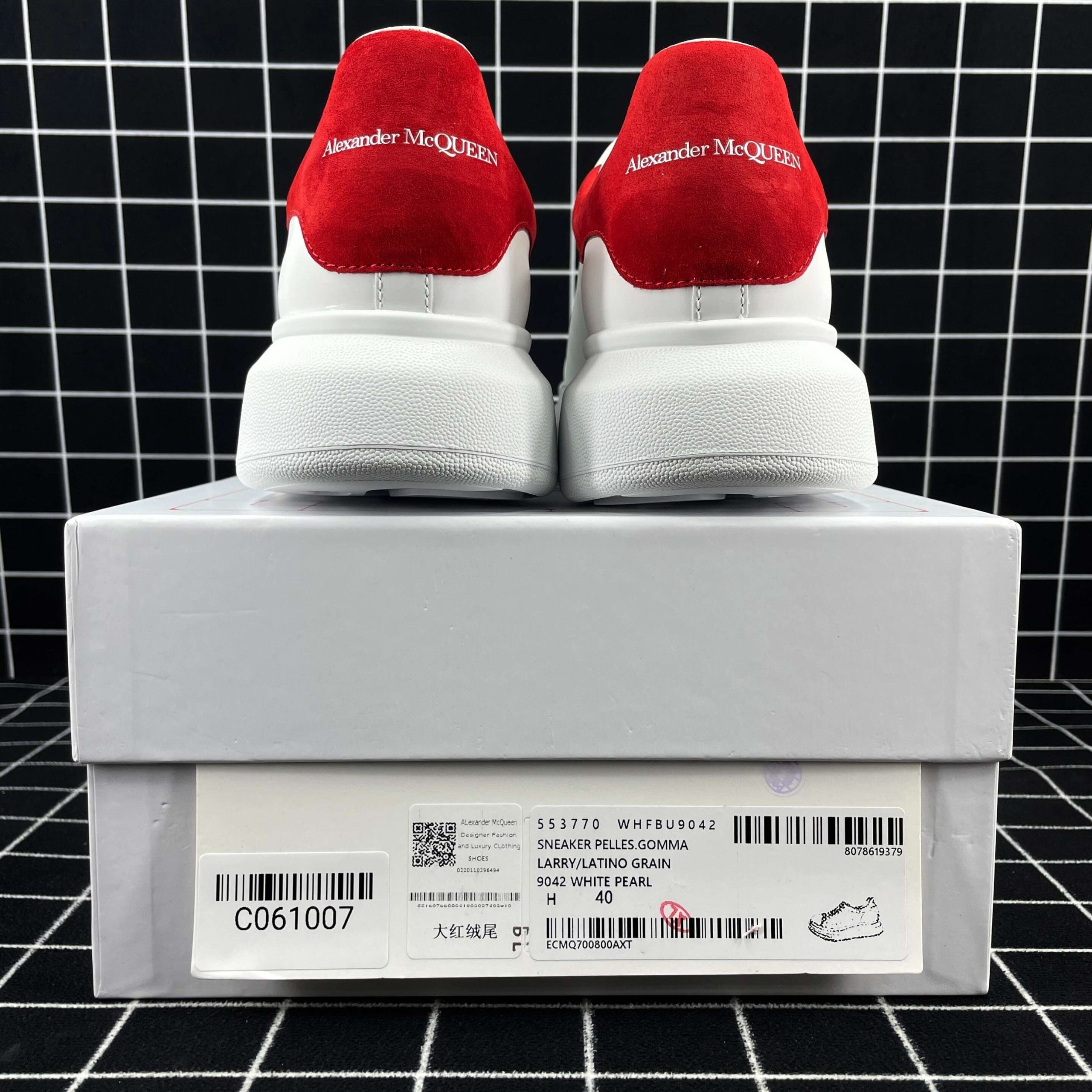 Alexander McQueen Oversized Sneaker White Smooth Calf Leather with Red Suede Heel Replica