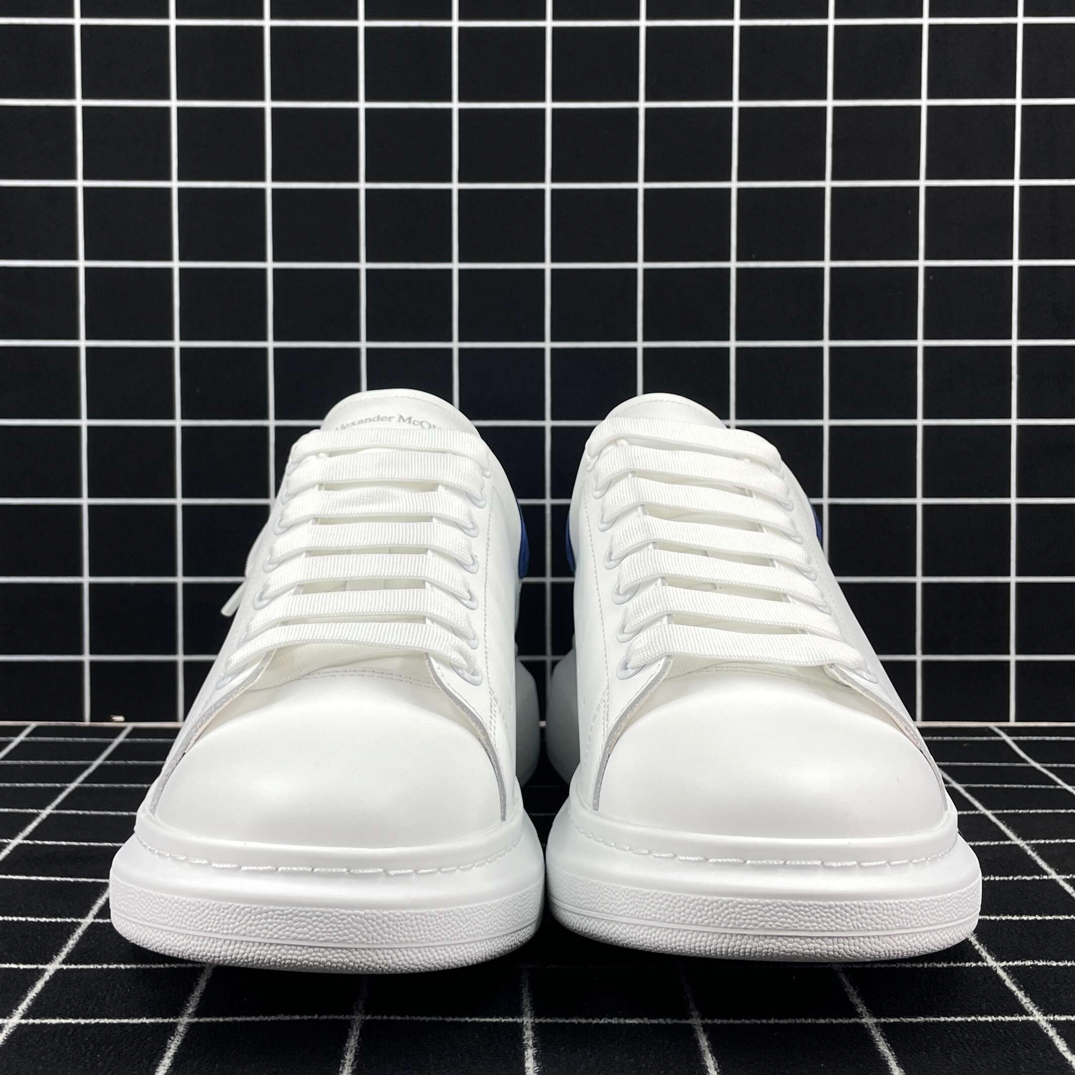 Alexander McQueen Oversized Sneaker White Smooth Calf Leather with Worker Blue Suede Heel Replica