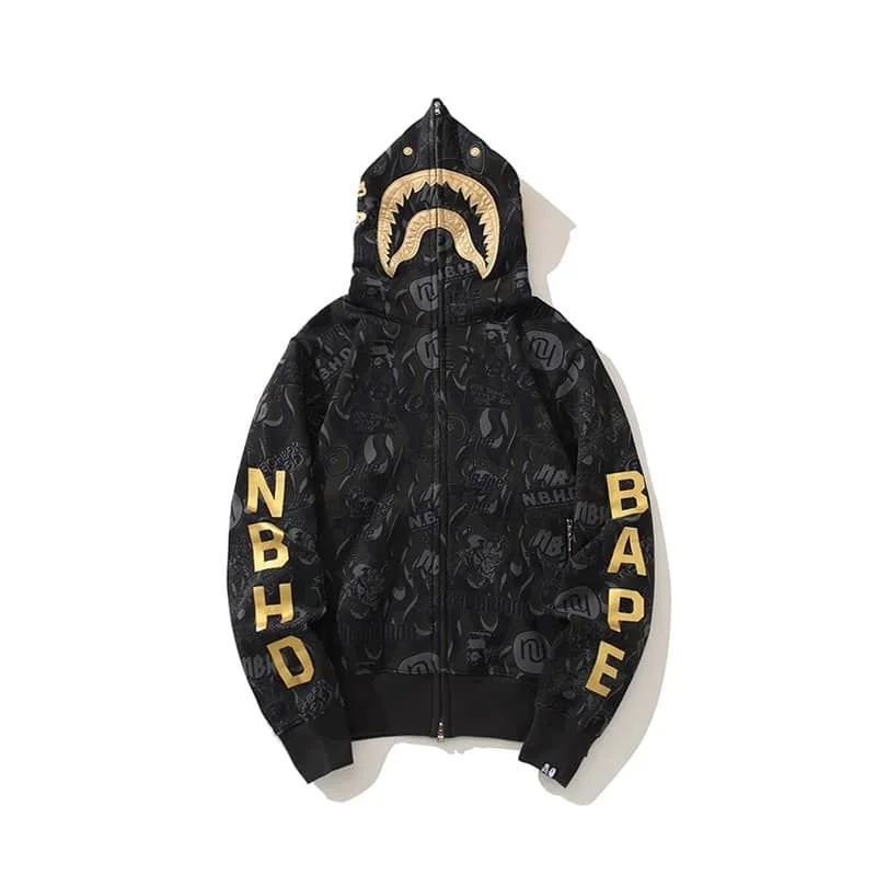 2024 APE x NBHD Skull Black and Gold Hoodie Unisex Fleece Jacket