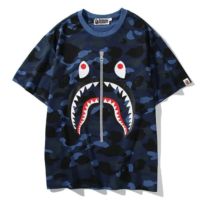 APE Camo Shark Print Spliced Fashion Street Loose Cotton T to Shirt Unisex Style 4