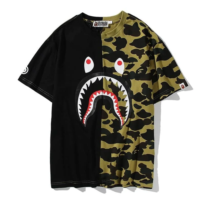 APE Camo Shark Print Spliced Fashion Street Loose Cotton T to Shirt Unisex Style 6