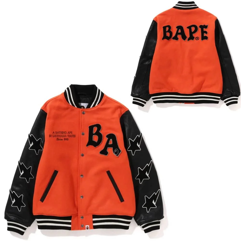 APE Embroidered Velveteen Letter Owl Pilot PU Sleeve Bomber Jacket Men Style 1