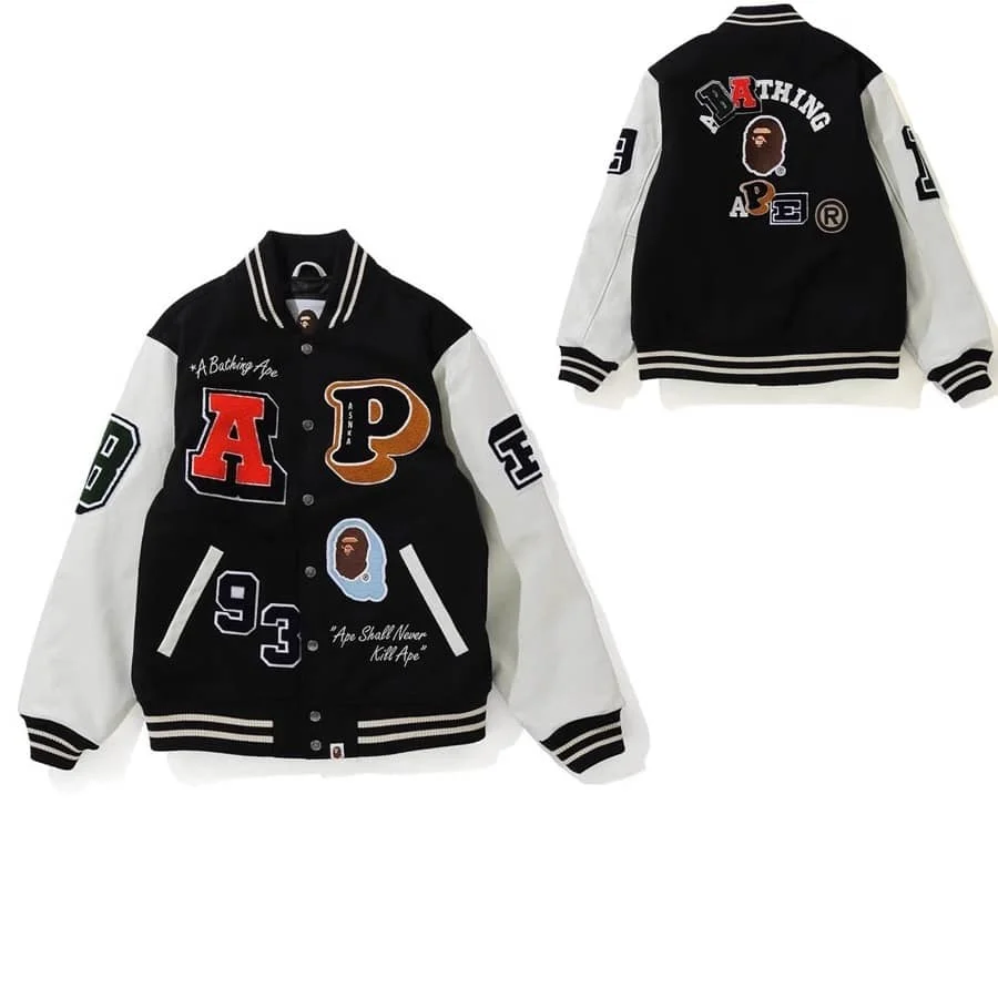 APE Embroidered Velveteen Letter Owl Pilot PU Sleeve Bomber Jacket Men Style 10