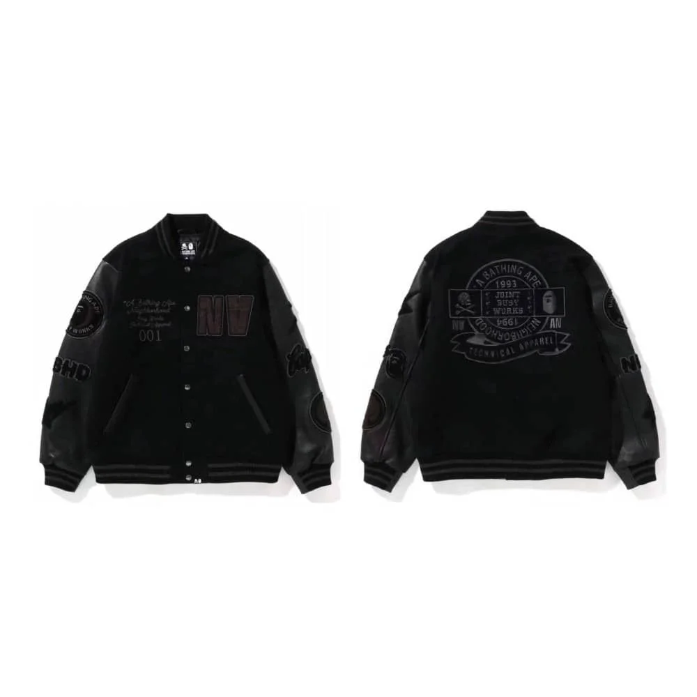 APE Embroidered Velveteen Letter Owl Pilot PU Sleeve Bomber Jacket Men Style 12