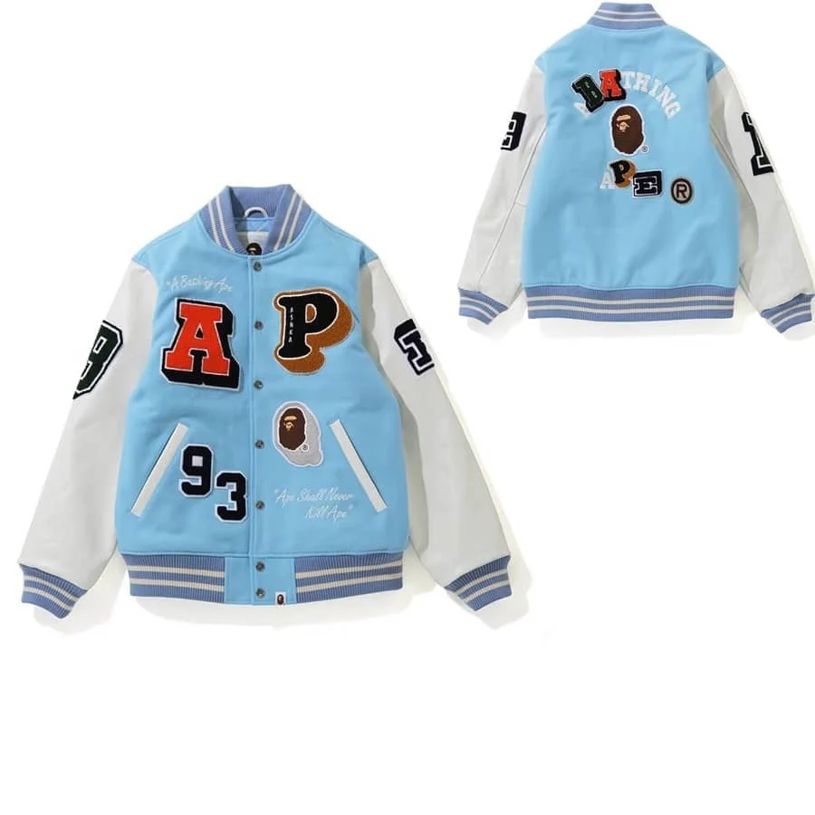 APE Embroidered Velveteen Letter Owl Pilot PU Sleeve Bomber Jacket Men Style 15