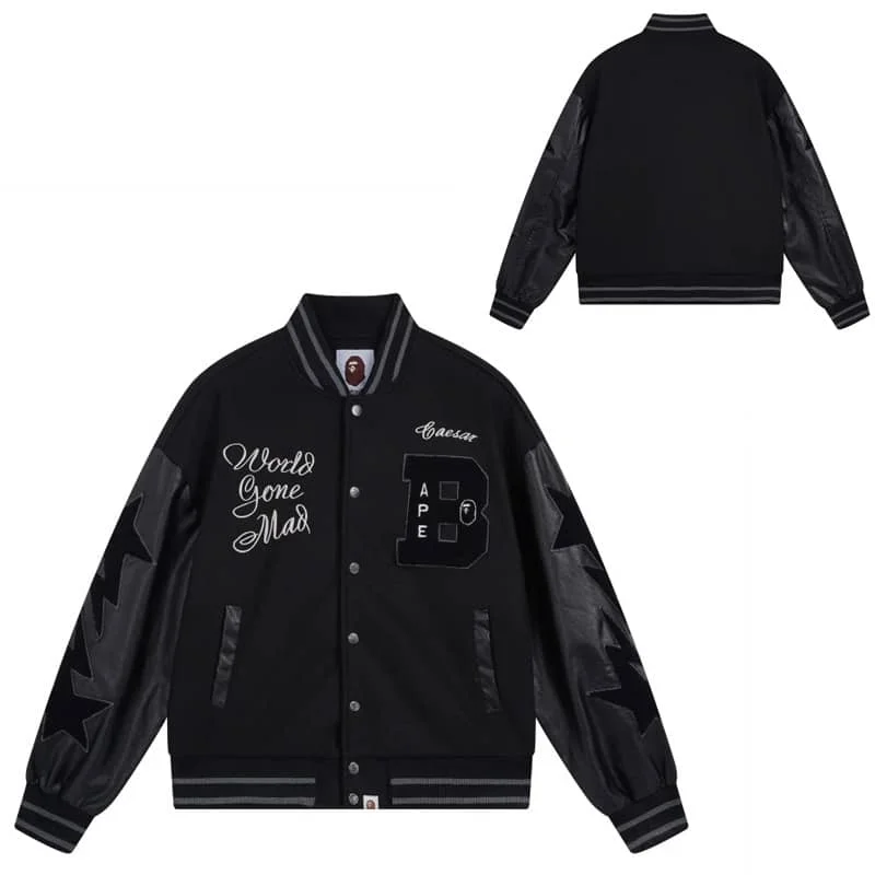 APE Embroidered Velveteen Letter Owl Pilot PU Sleeve Bomber Jacket Men Style 16