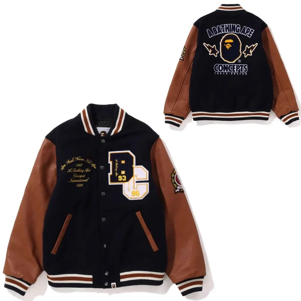 APE Embroidered Velveteen Letter Owl Pilot PU Sleeve Bomber Jacket Men Style 2