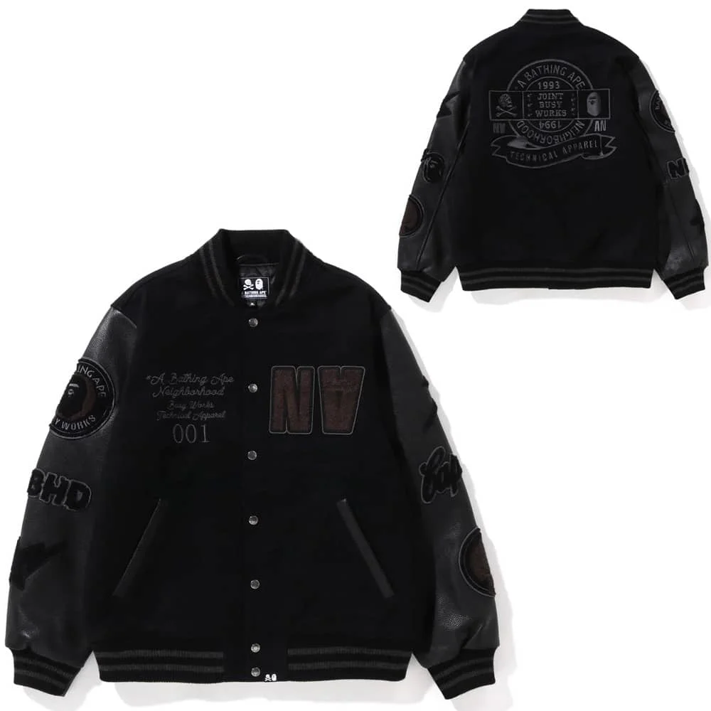 APE Embroidered Velveteen Letter Owl Pilot PU Sleeve Bomber Jacket Men Style 20