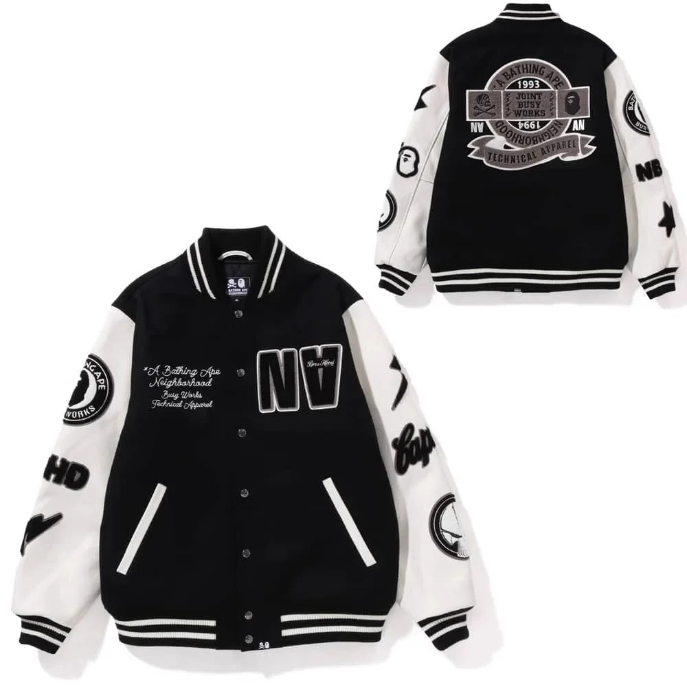 APE Embroidered Velveteen Letter Owl Pilot PU Sleeve Bomber Jacket Men Style 21