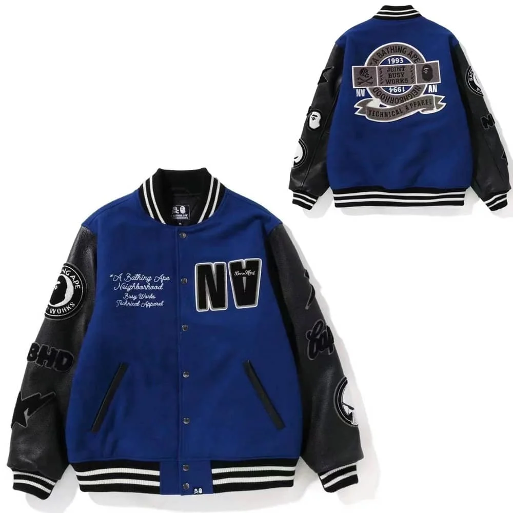 APE Embroidered Velveteen Letter Owl Pilot PU Sleeve Bomber Jacket Men Style 22