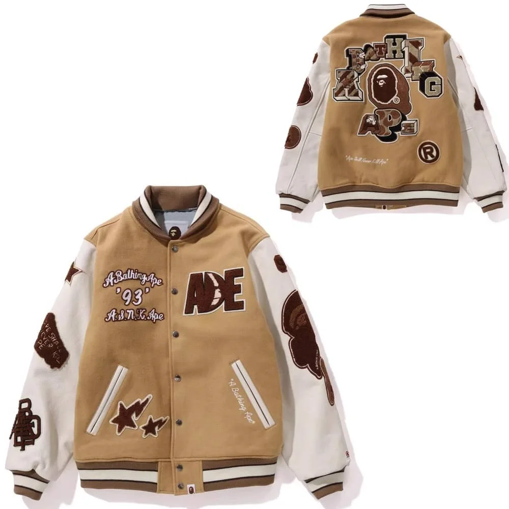 APE Embroidered Velveteen Letter Owl Pilot PU Sleeve Bomber Jacket Men Style 5