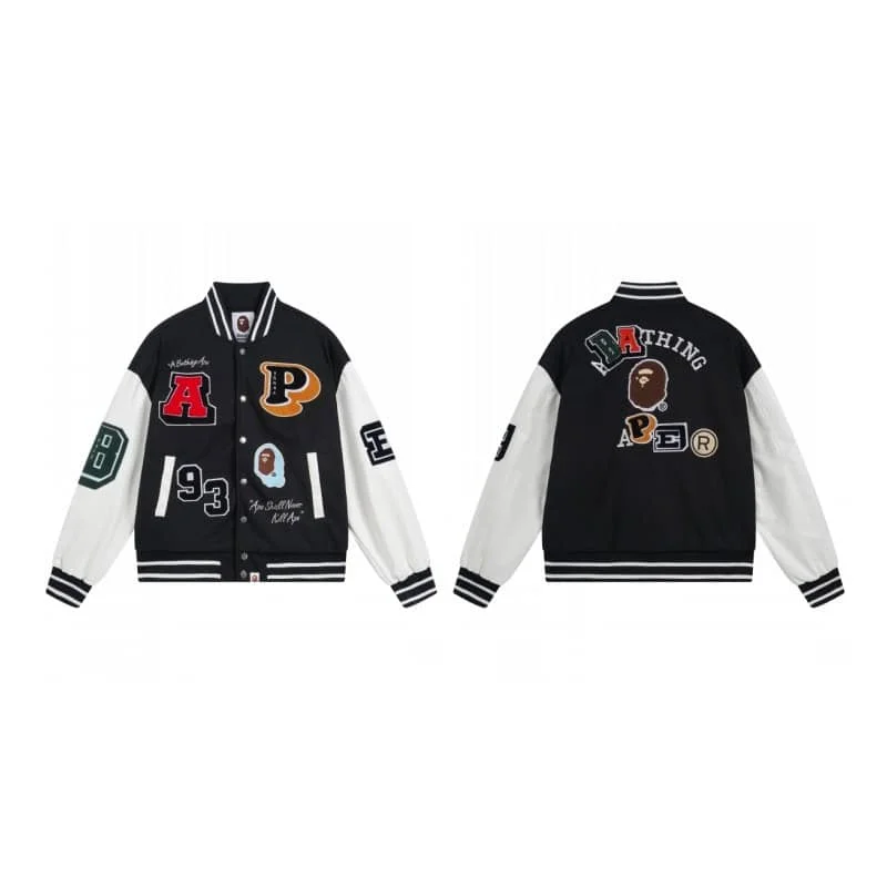 APE Embroidered Velveteen Letter Owl Pilot PU Sleeve Bomber Jacket Men Style 8