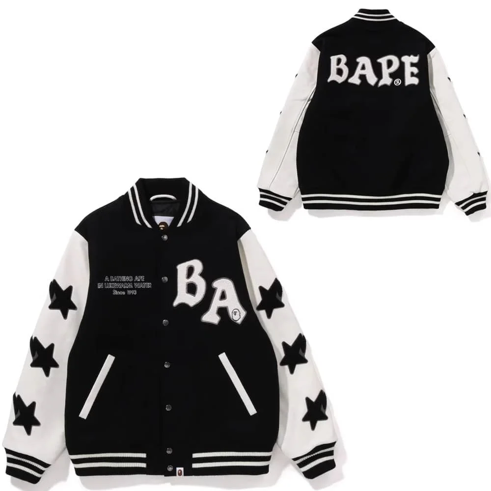 APE Embroidered Velveteen Letter Owl Pilot PU Sleeve Bomber Jacket Men