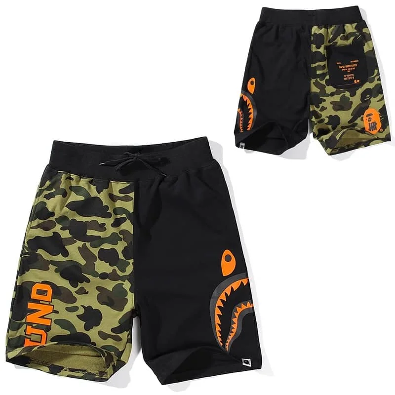 APE Night Glow Shark Side Panel Print Casual Fashion Shorts Unisex Style 1