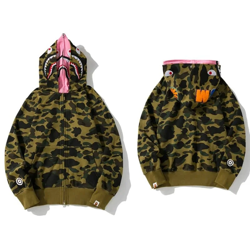 APE Shark Glow Spot Camo Double Hoodie Unisex Fleece Autumn Winter Jacket Style 15