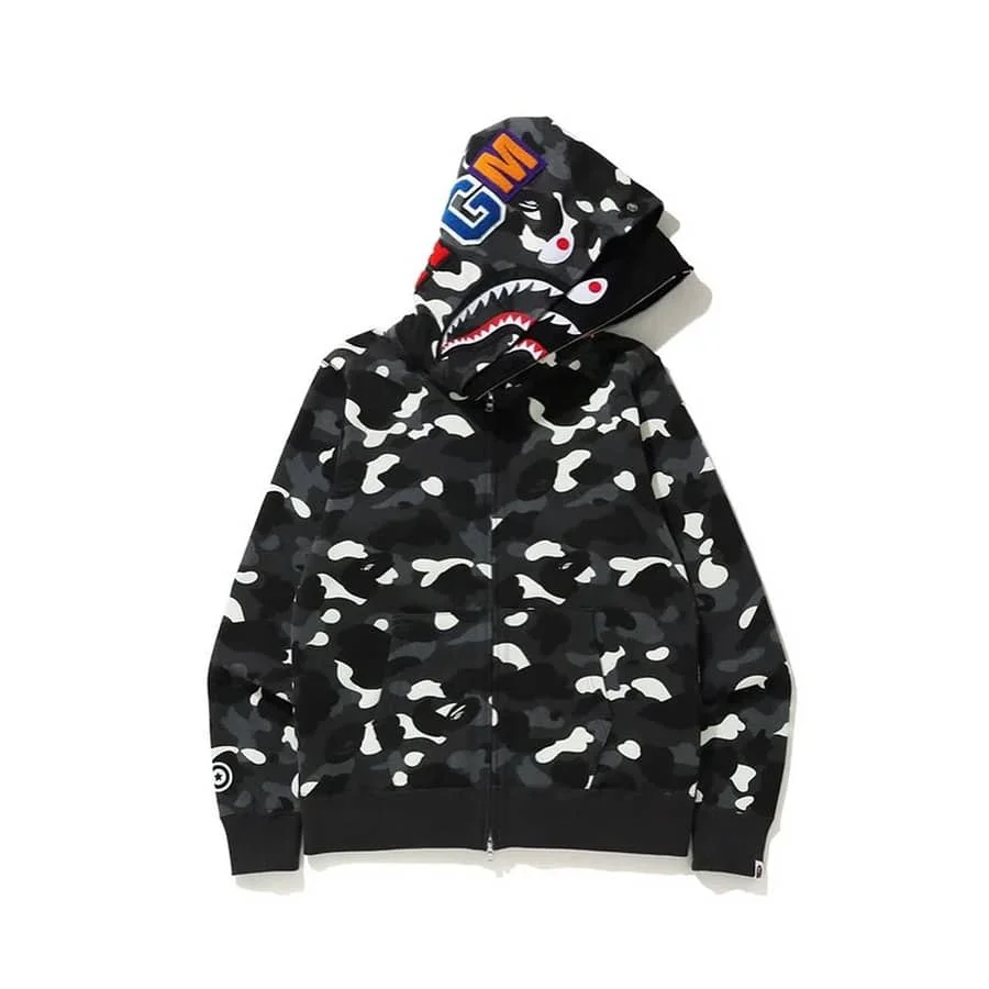 APE Shark Glow Spot Camo Double Hoodie Unisex Fleece Autumn Winter Jacket Style 22