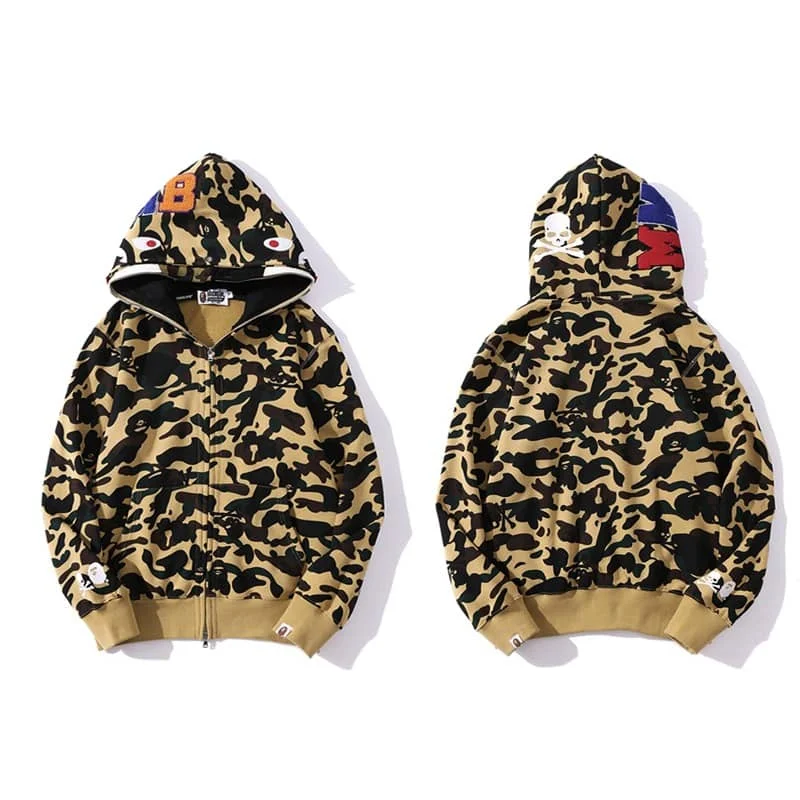 APE Shark Glow Spot Camo Double Hoodie Unisex Fleece Autumn Winter Jacket Style 36