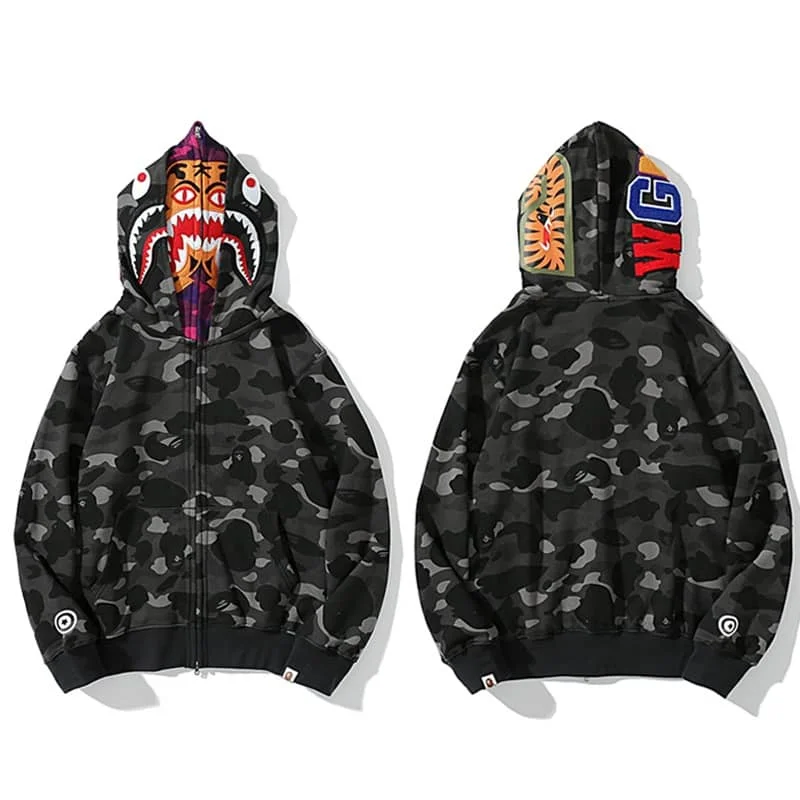 APE Shark Glow Spot Camo Double Hoodie Unisex Fleece Autumn Winter Jacket Style 8
