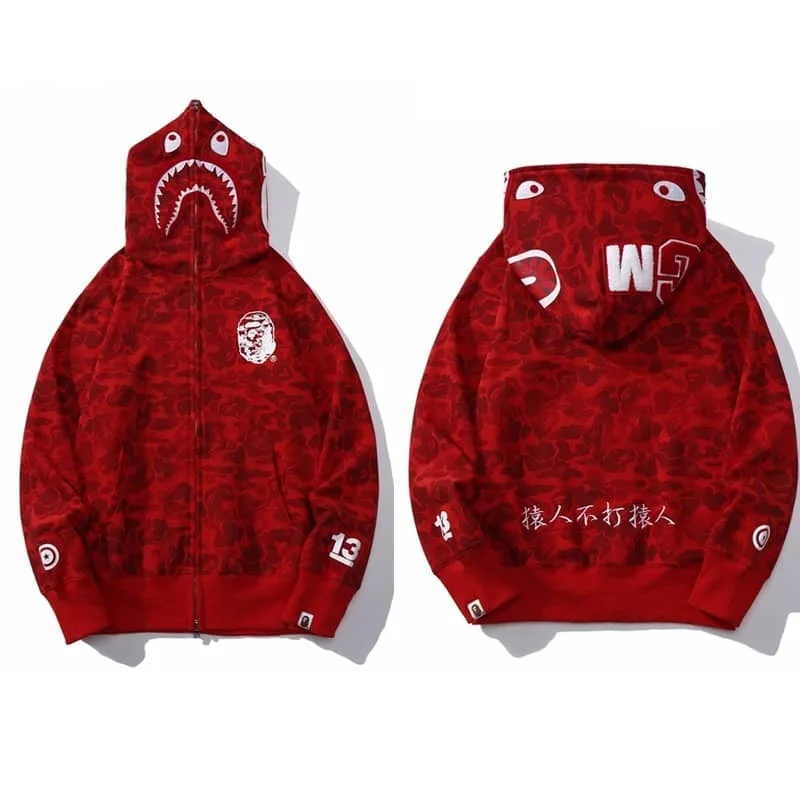 APE Shark Mouth Camo Hoodie Loose Cardigan Unisex Spring Autumn Jacket Style 16