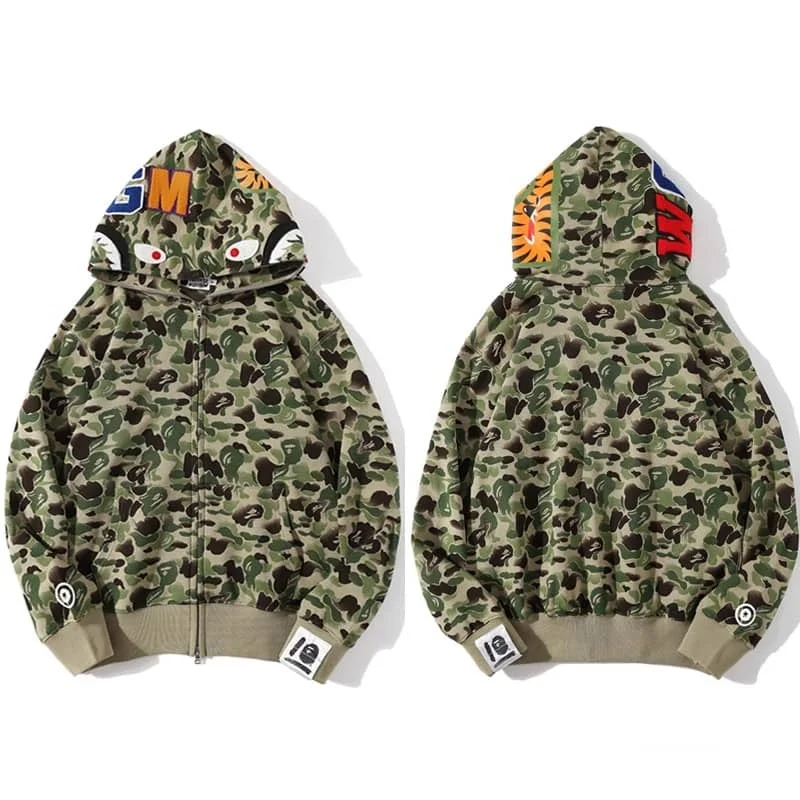 APE Shark Mouth Camo Hoodie Loose Cardigan Unisex Spring Autumn Jacket Style 31