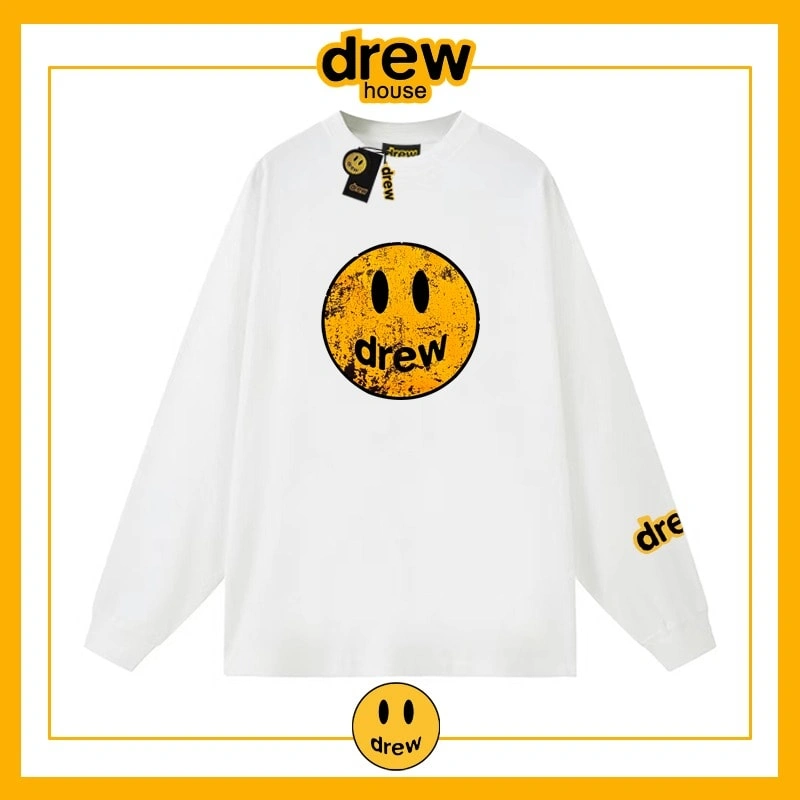 Drew House Distressed Smiley Print Long Sleeve T-Shirt Unisex Cotton Style 10