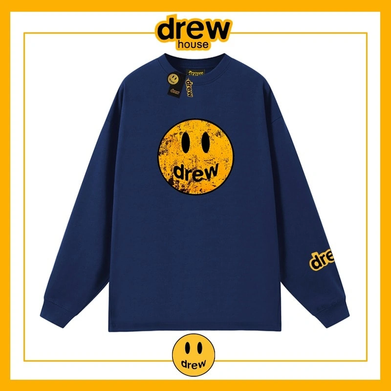 Drew House Distressed Smiley Print Long Sleeve T-Shirt Unisex Cotton Style 2