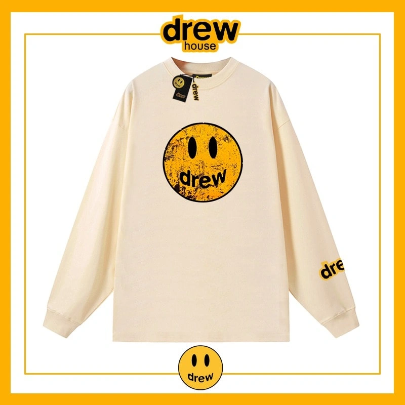 Drew House Distressed Smiley Print Long Sleeve T-Shirt Unisex Cotton Style 3