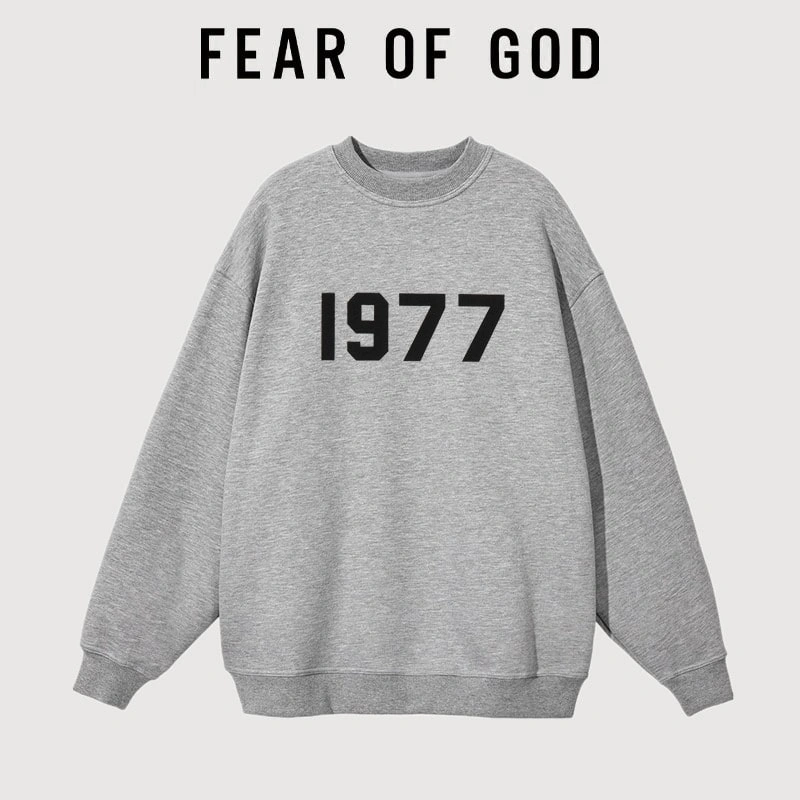 FOG Essentials 1977 Flocked Crew Neck Sweatshirt Unisex American Streetwear Jacket Style 1