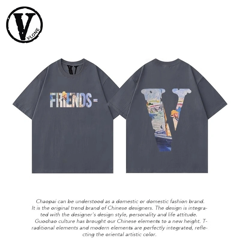 Vlone Orval Big V Pure Color Short Sleeve T-Shirt American Casual Loose Trend Couple Cotton Summer Style 1