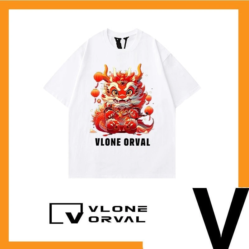 Vlone Orval Dragon Year Zodiac Heavyweight Cotton Short Sleeve T-Shirt American Loose Summer Couple