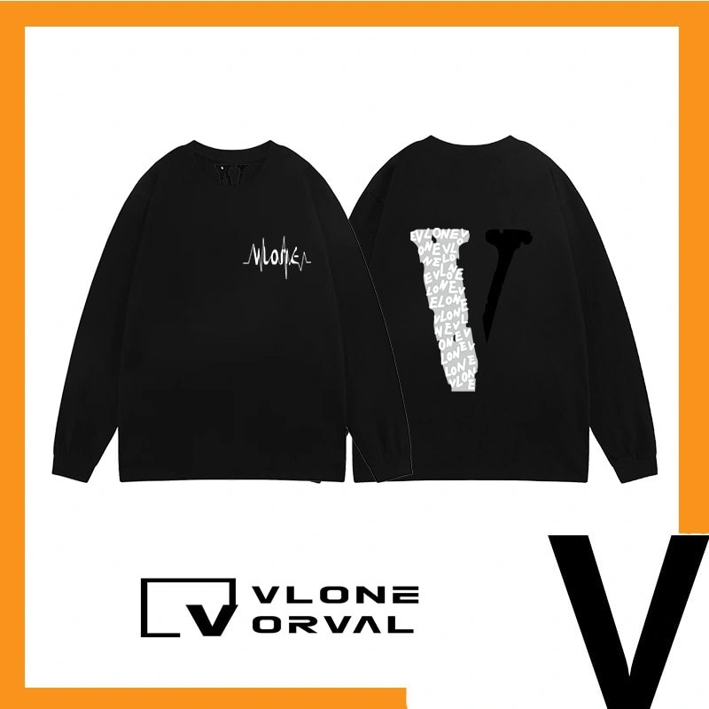 Vlone Orval ECG Letter Print V Long Sleeve T-Shirt Unisex High Street Style 3