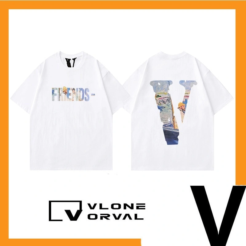 Vlone Orval Monet Oil Painting Big V Trendy American Cotton Oversized Men’s Couple Short Sleeve T-Shirt Summer