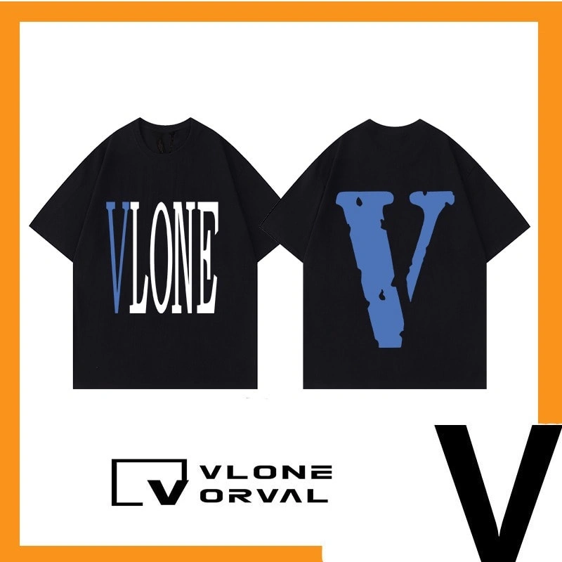 Vlone Orval Solid Blue Big V Short Sleeve Cotton Couple T-Shirt Street Summer Style 2