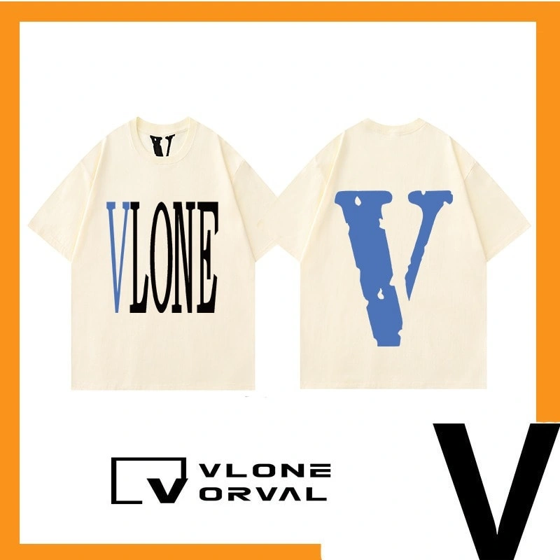 Vlone Orval Solid Blue Big V Short Sleeve Cotton Couple T-Shirt Street Summer Style 5