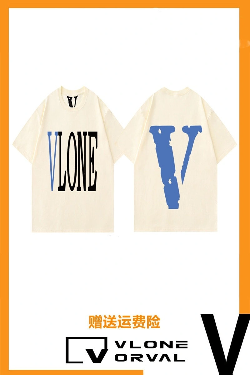Vlone Orval Solid Blue Big V Short Sleeve Cotton Couple T-Shirt Street Summer