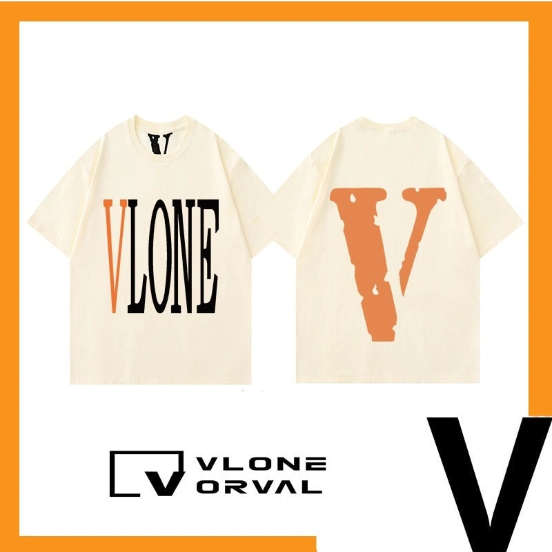 Vlone Orval Solid Orange Big V Short Sleeve Cotton T-Shirt Men Couple Street Trend Summer Style 4