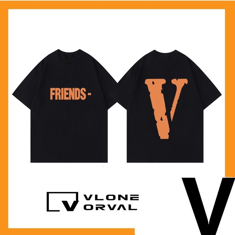 Vlone Orval Solid Orange Big V Short Sleeve Cotton T-Shirt Unisex Couple Street Trend Style 1
