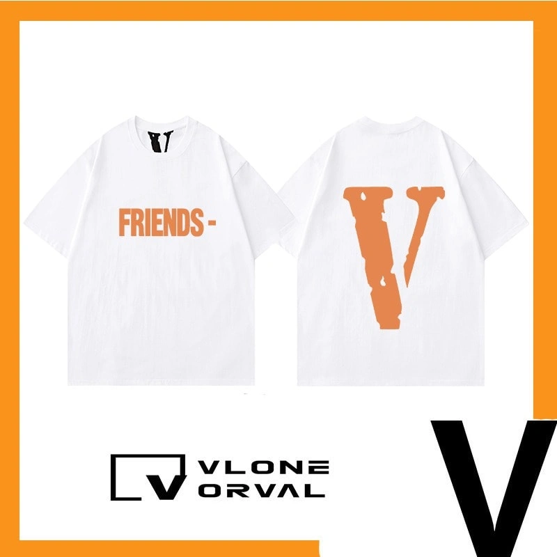 Vlone Orval Solid Orange Big V Short Sleeve Cotton T-Shirt Unisex Couple Street Trend