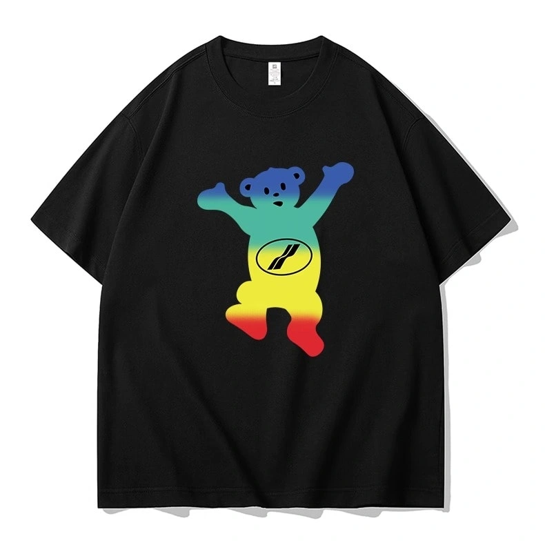 We11done Konne Bear Print Short Sleeve T-Shirt Men Retro High Street Crew Neck Half Sleeve Top
