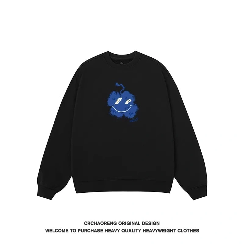 We11done Konne Fleece High Street Crew Neck Black Sweatshirt Unisex Loose Couple Outfit