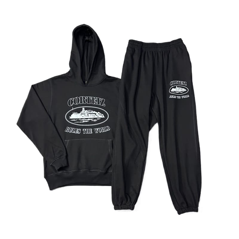 Corteiz Devil Island Sports Leisure Velvet Hooded Sweatshirt and Sweatpants Set for Men and Women