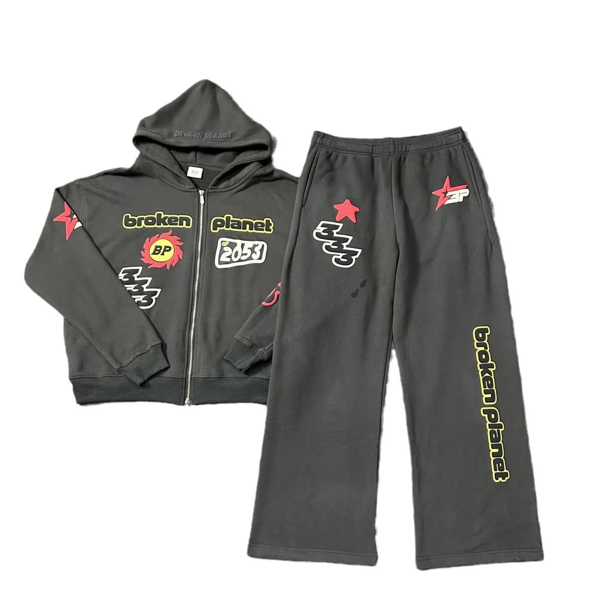 Broken Planet Puff Print Zipper Sweater and Casual Trousers