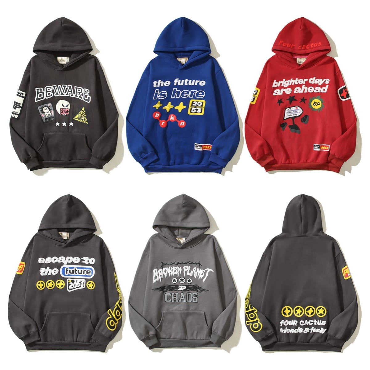 Broken Planet Warning Badge Puff Print Velvet Padded Hooded Sweatshirt Fashion