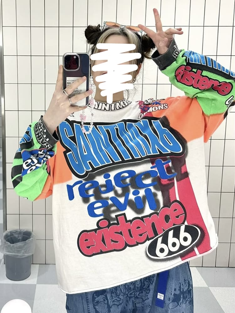 Saint of Michael Graffiti Cotton Wide Round Neck Long Sleeve T-Shirt for Men