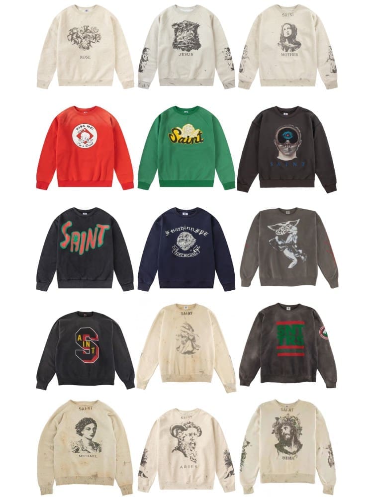 Saint Michael Retro Round Neck Sweater Thick Long Sleeve Top for Men and Women