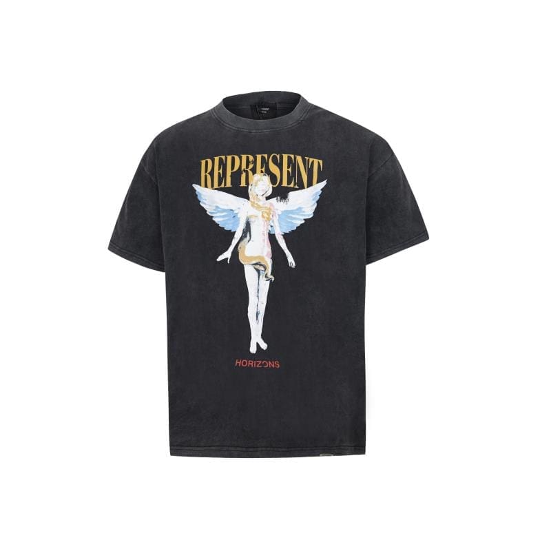 Represent Elf Angel Print Retro Washed Distressed Casual Short Sleeve T-Shirt
